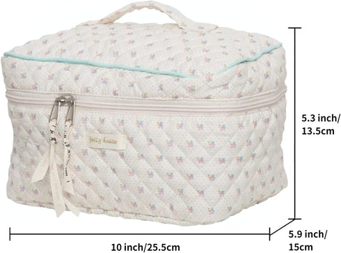 Aesthetic Kawaii Cute Makeup Bag Travel Cotton Quilted Cosmetic Organizer with Handle Toiletry Pouch for Women Teen Girls (Beige Floral)...