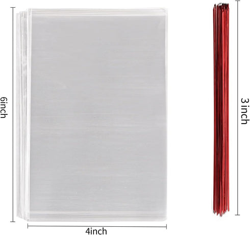 100 Pcs 6 in x 4 in(1.4mil.) Clear Flat Cello Cellophane Treat Bags Good for Bakery, Cookies, Candies,Dessert with random color Twist Ties!...