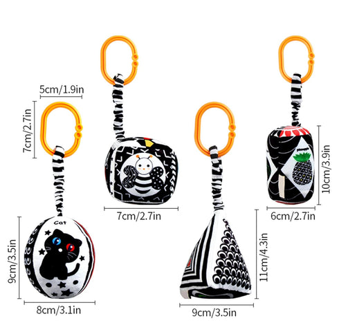 KAKIBLIN Baby Hanging Rattle Toys, 4 Pack Car Seat Stroller Toys Soft Squeaky Toys for Baby 0-6 Months Newborn Infant Car Bed Travel Activity, Whi...