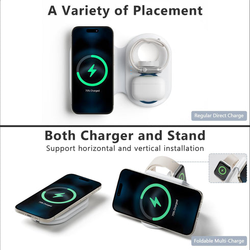 3 in 1 Wireless A pple Charging Station for iPhone 15/14/13/12 Series,Magnetic Travel Charger for Multiple Devices for Air Pods,Foldable Charging ...