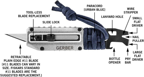 Gerber Gear Prybrid X Utility Knife with Pry Bar - No. 11 Exacto Knife Blade - Multi-Tool Pocket Razor Knife with Paracord - EDC Knife, Urban Blue...