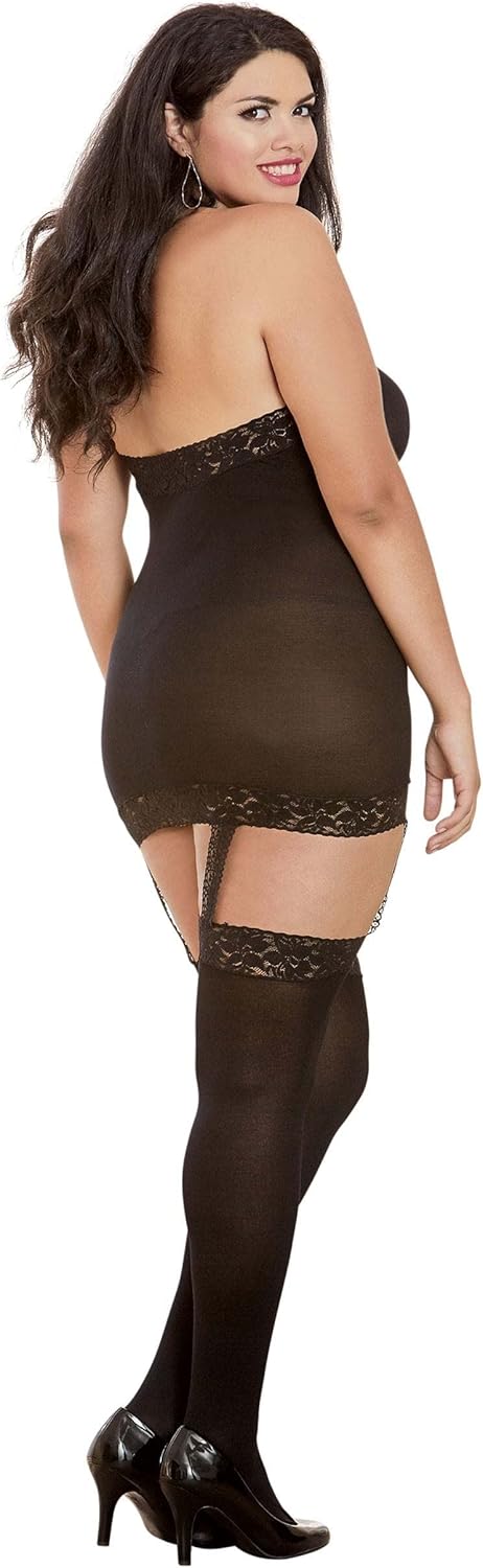 Dreamgirl Women's Plus Size Sexy Fashion Lingerie, Semi-Sheer Halter Garter Dress with Thigh High Stockings, Black, One Size...