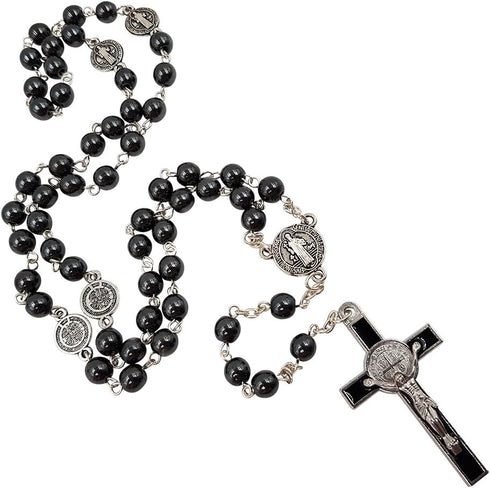 TALISMAN4U CATHOLIC ROSARY NECKLACE Black Hematite Beads Saint St Benedict Medal & Cross Gift Box...
