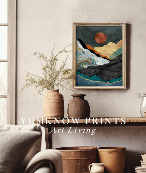 YUMKNOW Boho Mountain Wall Decor - Unframed 12x16, Mid Century Modern Nature Wall Art for Living Room, Teal Bathroom Decorations, Bedroom Pictures...
