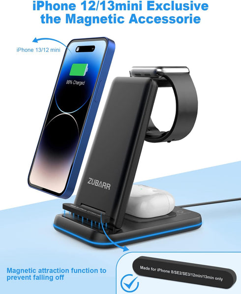 Foldable Wireless Charger for Multiple Devices 3 in 1 Wireless Charging Station for Travel, Compatible with iPhone 16 15 14 13 12 11/Pro/XR, Charg...