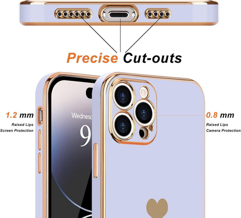 Teageo for iPhone 14 Pro Case for Women Girl Cute Love Heart Luxury Plating Soft Bling Back Cover Raised Full Camera Protection Bumper Silicone Sh...