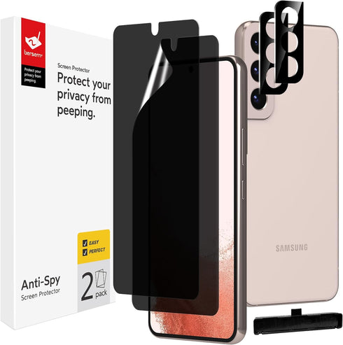 bersem [2+2 Pack Privacy Screen Protector for Samsung Galaxy S22 Plus, 6.6 Inch with Tempered Glass Camera Lens Protector, Anti-Spy Flexible TPU F...