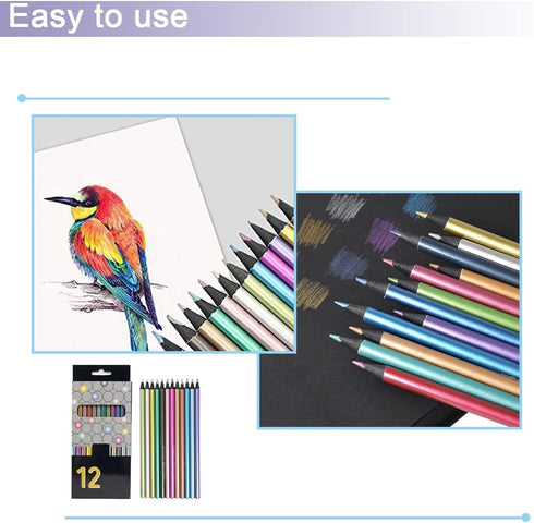 12 Pack Metallic Colouring Pencils Colour Therapy Metallic Pencils Black Wooden Colour Drawing Pencils for Adult Kids Beginner Artist Painting...