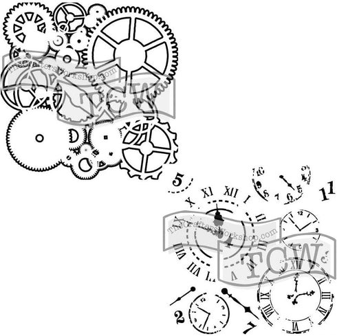 The Crafters Workshop Stencils, Reusable for Crafts, Art, Greeting Cards, Paint or Mixed Media, 2 Pk, 6" x 6", Gears/Time Travel...