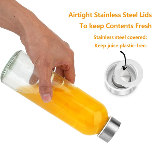 Glass Juice Bottles with Lids for Juicing 24 oz, Reusable Clear Glass Water Bottles with Stainless Steel Airtight Cap for Refrigerator, 100% Leak ...