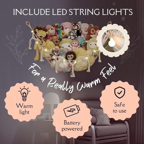 Stuffed Animal Storage Macrame Hammock w/String Lights for Flat Walls - Large, 2 Pack - Boho Decor Toy Storage - Hanging Plushie Stuffed Animal Ne...