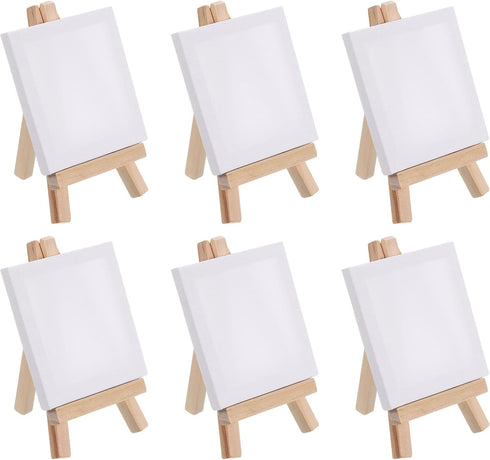 PATIKIL 3" x 3" Canvas Easel Set, 6 Set Mini Stretched Display Canvases Panel Board with Portable Tripod Wooden Holder Stand for Drawing Painting ...
