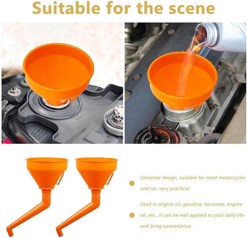 VICASKY 2pcs Angle Plastic Spill with Kerosene Oil Orange Motorcycle Fluids Neck Engine Long Extension Motorcycles Extension, Strainer Funnel Funn...