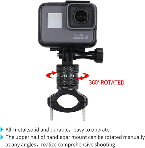 SUREWO Bike Mount for GoPro Hero 12/11/10/9/8/7/6/5 Black,GoPro Max,Camera Aluminum Bicycle Motorcycle Handlebar Mount Compatible with DJI Osmo Ac...