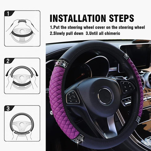 Bling Leather Steering Wheel Cover,15 Inch Soft Leather Car Wheel Cover with Colorful Crystal Diamond,Universal Non-Slip Auto Elastic Steering Whe...