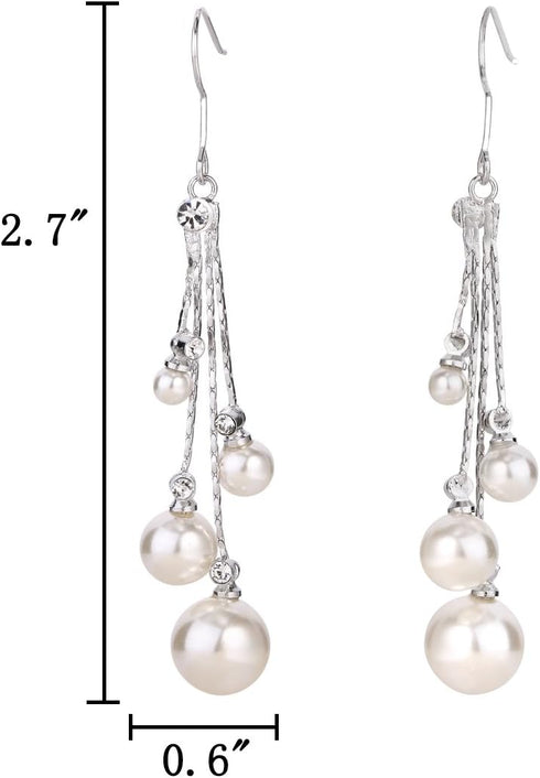 EleQueen Women's Silver-tone Crystal Simulated Pearl 4 Chain Bridal Long Dangle Hook Earrings Ivory Color...