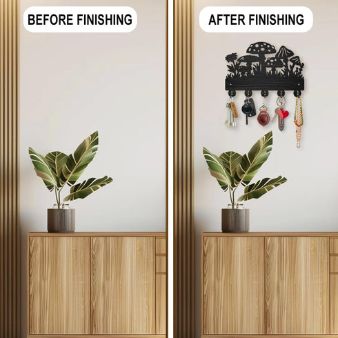Mushroom Wall Mounted Coat Rack Wildflower Meadow Wood Key Hooks for Wall 11.8×7.9inch Black Key Holder Hanger Wall Art Decor with 5 Alloy Hooks f...