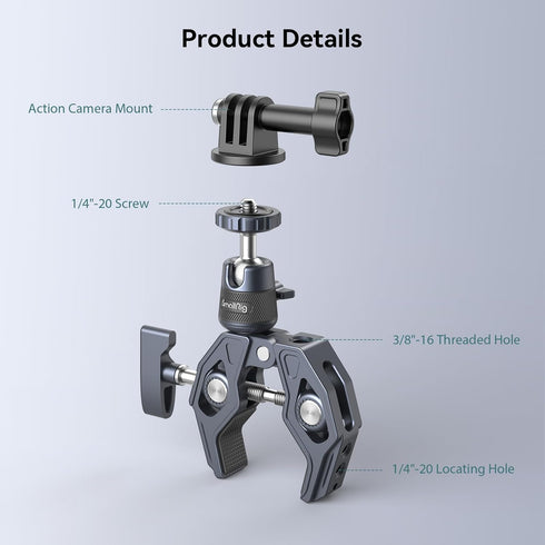 SMALLRIG Camera Mount Clamp, Gopro Motorcycle and Bike Handlebar Mount Kit, Super Clamp for DSLR, Action Camera, Gopro, Insta360, LED Light, Monit...