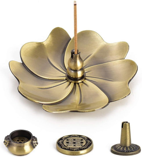 Sakura Flower Incense Holder, 5PCS Bronze Incense Burner Holder with Silk Pouch, Bowl-Shape, Lotus Multihole, Cone Shape and Gourd-Shape Ash Catch...