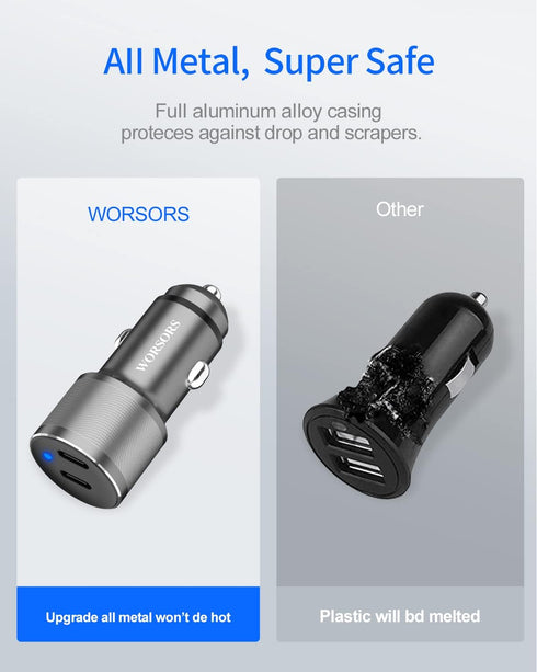 Dual USB C Car Charger, 60W PD (30W + 30W) Super Fast Charging Adapter Metal for iPhone 16/15 Pro Max, Samsung Galaxy S25 Ultra/S25 Plus/S25/S24/S...