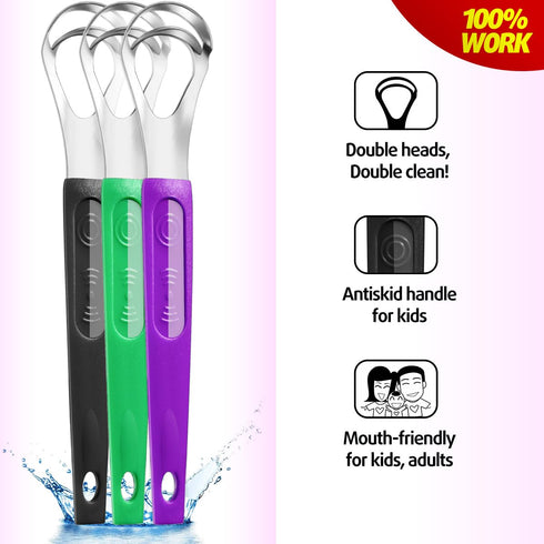 3 Pack Metal Tongue Scrapers for Kids Adults, Stainless Steel Tongue Cleaner Scrubber with Travel Case...