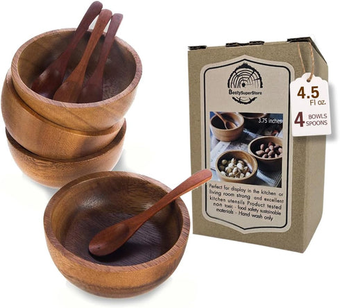 Set of 4 Small Round Acacia Wooden Bowls 3¾ Inch Diameter 1½" High With Spoons - Stackable Mixing Bowl Salad Soup Snack Dip Sauce Charcuterie Wood...