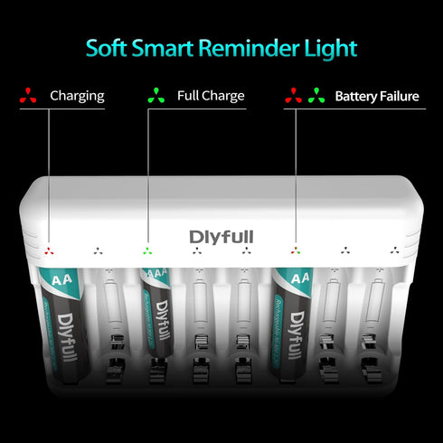Dlyfull 8 Bay AA AAA Battery Charger with USB-C High-Speed Charging, Independent Slot for 1.2V Ni-MH Ni-CD Rechargeable Batteries, Cable Included....