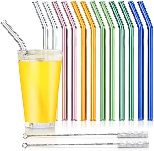 Glass Straws - Reusable Bent Drinking Straws with 2 Cleaning Brushes, Multicolor, 12 Pack...