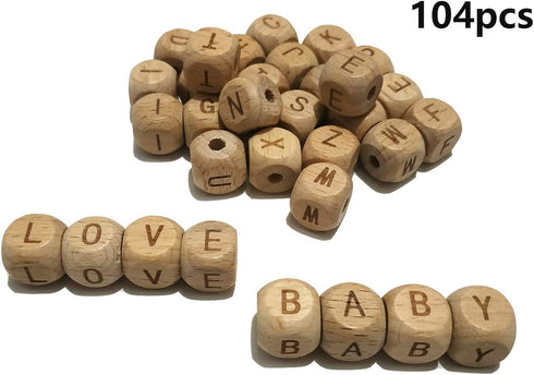 104pcs Square Wood Alphabet Letter Beads - 12MM Natural Beech Wooden Letter Beads for Jewelry Toys Making DIY Mom Mak Name Necklace...