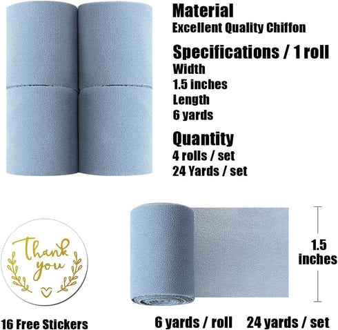 UpUDo 4 Rolls Chiffon Ribbon, 1.5" x 6Yd Dusty Blue Silk Ribbons, Smooth Edges for Wedding Invitations, Bridal Bouquets, DIY Crafts, Gift Wrapping...