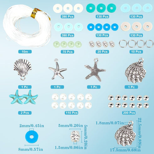 SUNNYCLUE 1 Box DIY 4 Sets Ocean Theme Bracelet Making Kit White Blue Polymer Clay Beads Bulk Starfish Howlite Bead Summer Hawaii Sea Charms Glass...