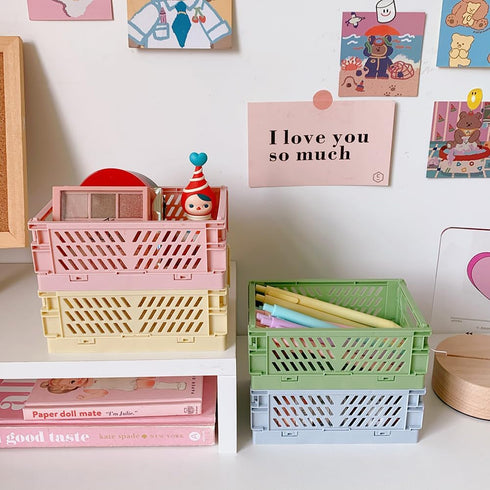 Mini folding plastic storage box Student desktop organizer Pocket Tape Stationery skincare small storage basket (2PCS, Blue&Pink)...