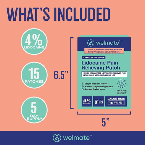 WELMATE | 4% Lidocaine Numbing Patch | Maximum Strength | Temporary Relief of Pain, Back, Neck, Shoulders, Knees, Elbows, Minor Skin Irritations |...