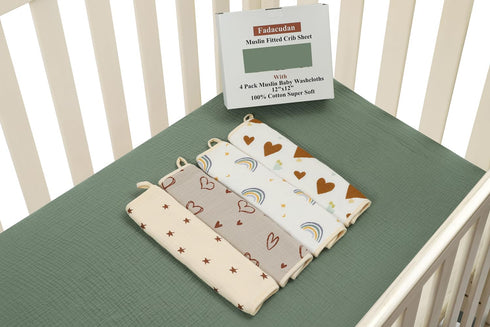 Muslin Fitted Crib Sheet with 4 Pack Muslin Baby Washcloths 12"x 12" Love Rainbow Stras,Cotton Stylish Boho Super Soft for Baby Roman Green...