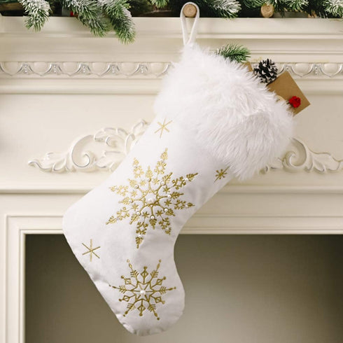 Comfy Hour Let It Snow Collection 18"x11" Christmas Winter Snowflake Stocking, Soft Plush Velvet Snowflake Embroidery Stocking, White and Gold, Po...