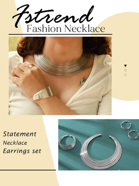 Fstrend Statement Choker Bracelet Earrings Set Gold Plated African Bib Chunky Necklace Costume Party Jewelry Accessories for Women and Girls...