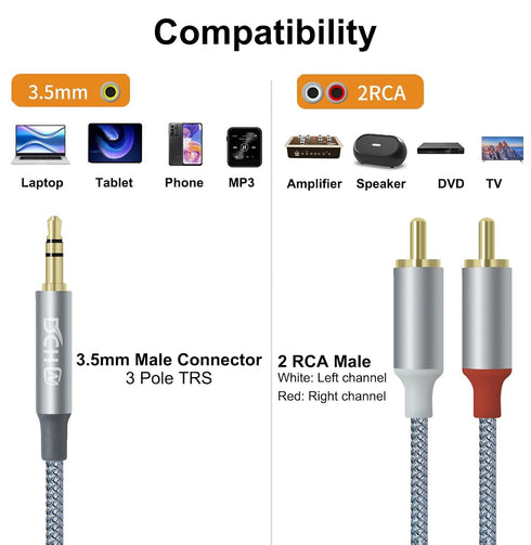 3.5mm to RCA Audio Cable 4ft 2 Male RCA Aux Cord Adapter Headphone Jack Y Splitter for Speaker Stereo Car Subwoofer TV MP3 Laptop Amplifier with N...