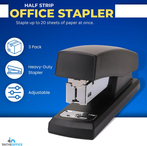 1InTheOffice Half Strip Stapler, Heavy Duty Desk Stapler, Office Stapler, Black, 20 Sheets Capacity, 3 Pack...