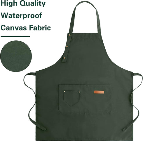 Apron for Men Women with Adjustable Straps and Large Pockets, Canvas Cotton Cooking Kitchen Chef Bib Aprons Waterproof Green...