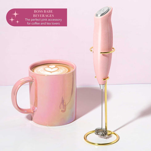Paris Hilton Electric Handheld Milk Frother with Double Coil Head Whisk and Gold Metal Stand, Battery Powered (2 AA Batteries Required but Not Inc...