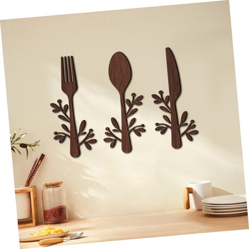 Yardenfun 3pcs Wooden and Fork Pendant Kitchen Utensils Wall Sign Fork and Spoon Wall Decor Wood Spoon Fork Sign Farmhouse Wooden Wall Plaque Coun...