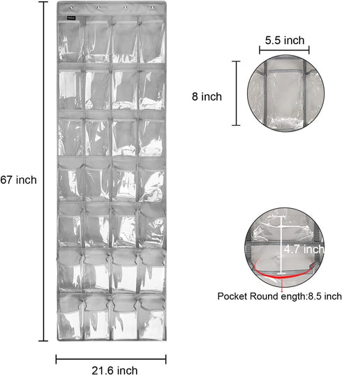 28 Large 1 Pack Transparent Pockets Over The Door Shoe Organizer Sturdy Hanging Shoe Rack for Door Closet Sneakers or Accessories, 4 Hooks?Grey?...