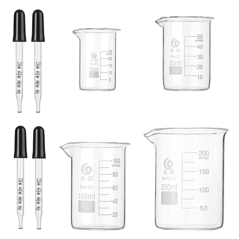 Glass Beaker Set, 4 Pack Graduated Measuring Beakers 25ml 50ml 100ml 200ml Low Form Griffin Thick Wall Lab Beakers with 4 Pcs 1ml Glass Pipette...