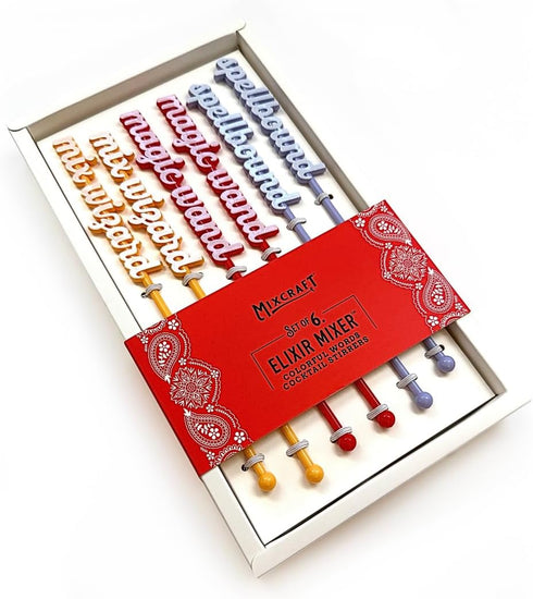 MixCraft Elixir Mixer Cocktail Stirrers, Stainless Steel Drink Stirring Swizzle Sticks, Colorful Words,Set of 6...