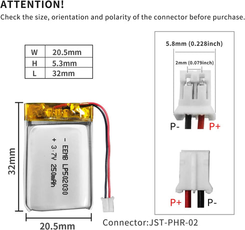 EEMB 3.7V Lithium Polymer Battery 250mAh 502030 Lipo Rechargeable Battery Pack with Wire JST 2.0mm JST Connector for VXI Blue Parrott- Confirm Dev...