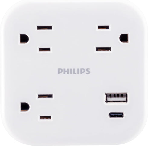Philips 3-Outlet Surge Outlet Extender with USB, 1 USB-A, 1 USB-C, 12W, 980J, White - SPP9393W/37...