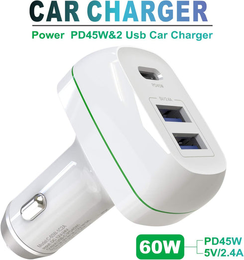 USB C Car Charger, 60W 3 Port Fast Charge Car Charger with USB C PD3.0 & Dual USB-A, for 12/12 Pro Max/12 Mini/11/11 Pro Max/XR/X/8/7, Galaxy S10/...