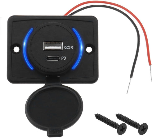 Type C USB Car Charger Socket Power Outlet with Dustproof Cap Dual Port QC3.0 USB & PD Type C 12-24V 18W Quick Charge Socket Panel for Cars RVs Bu...