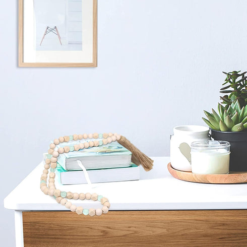 AceList Wood Bead Garland with Tassels, Geometric Wooden Craft Beads with Aqua Acrylic Beads, Boho Farmhouse Country Rustic Wall Hanging Rae Dunn ...
