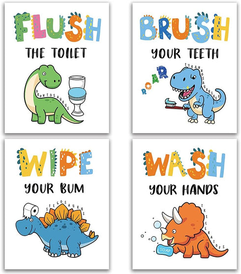 Dinosaur Bathroom Decor, Funny Dinosaur Themed Bathroom Inspirational Quotes Art Print Humorous Quotes Painting, Set of 4 (8”X10”), Unframed...
